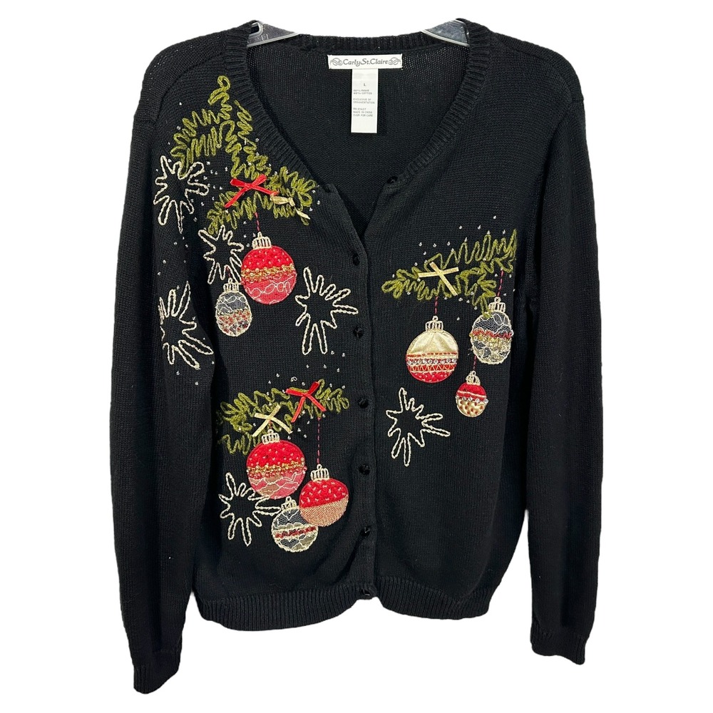 VTG Christmas‎ Sweater Large Ornament Cardigan Black Ugly Holiday Party 706